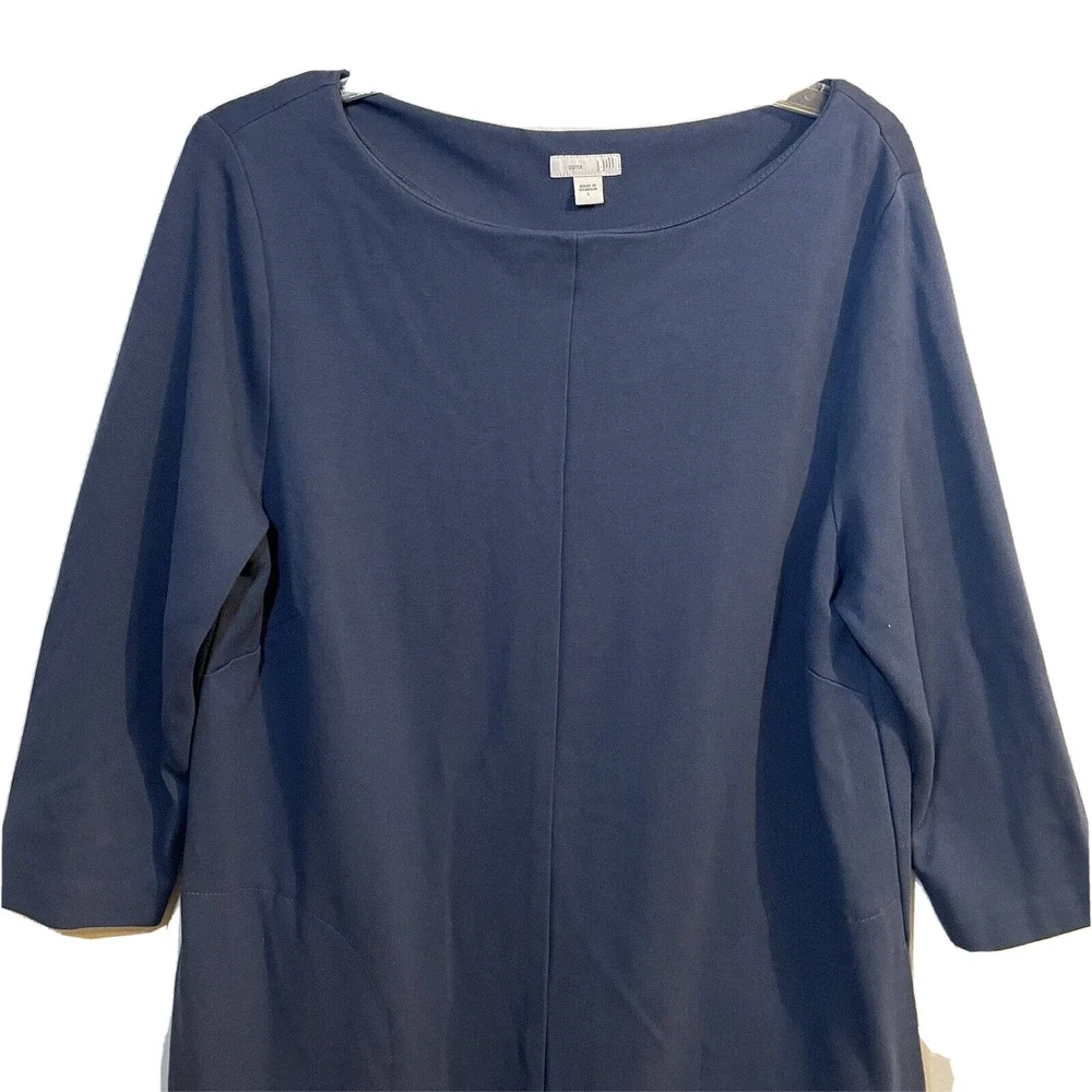 SOLD J Jill Ponte Dress Size Large Solid Navy Shift Knit 3/4 Sleeve Pockets S… - Picture 2 of 8